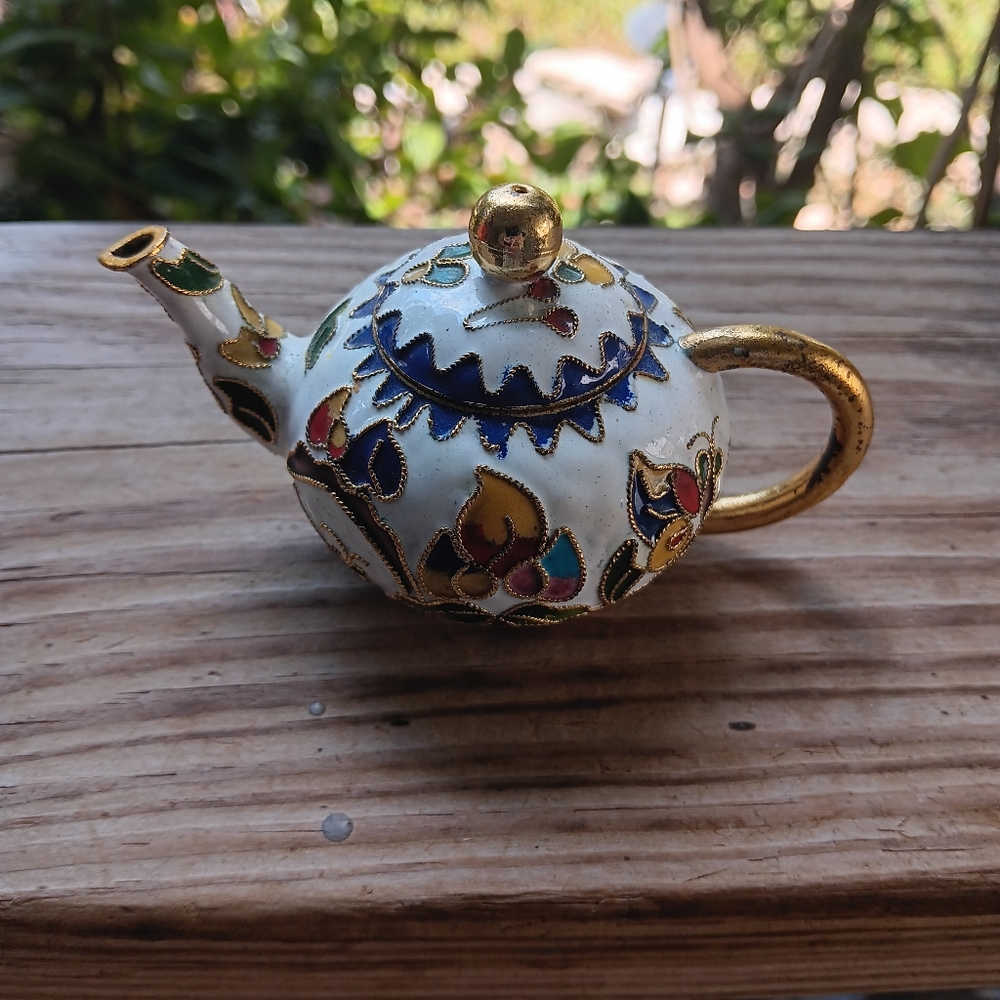 White Vintage Chinese Miniature Cloisonne Brass Enamel Teapot